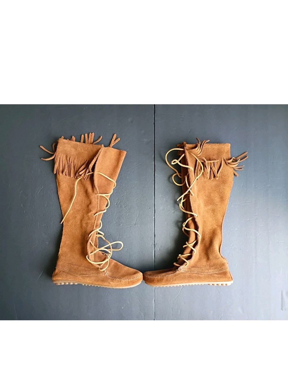 Minnetonka 1422 Leather Tall Moccasins Fringe Lace-Up Size 8